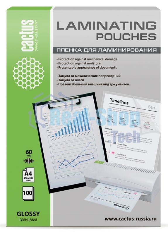 Пленка для ламинирования Cactus 60мкм A4 (100 шт) глянцевая 216x303 мм CS-LPGA460100