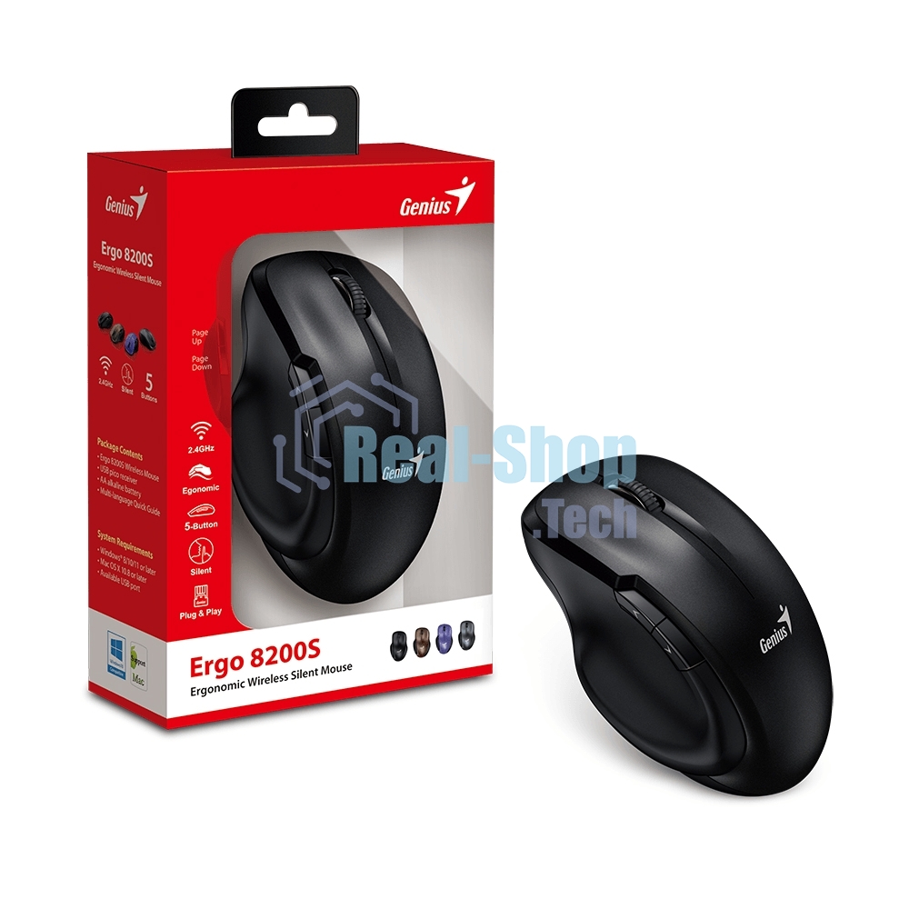 Мышь беспроводная Genius Ergo 8200S черный, 1200 dpi, радиоканал, USB, кнопки - 5