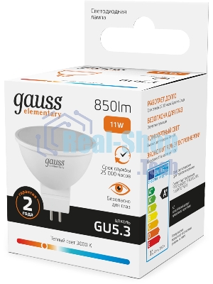 Лампа светодиодная Gauss Elementary 13511 11Вт цок.:GU5.3 софит 180B св.свеч.бел.теп. MR16 (упак.:10шт)