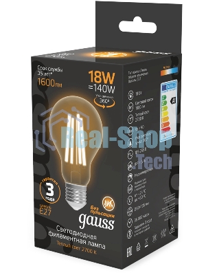 Лампа светодиодная филаментная Gauss Filament 18Вт цок.:E27 груша св.свеч.бел.теп. (упак.:10шт)