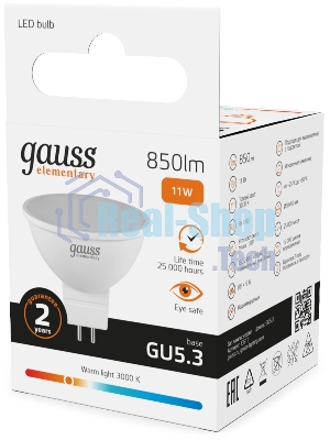 Лампа светодиодная Gauss Elementary 13511 11Вт цок.:GU5.3 софит 180B св.свеч.бел.теп. MR16 (упак.:10шт)