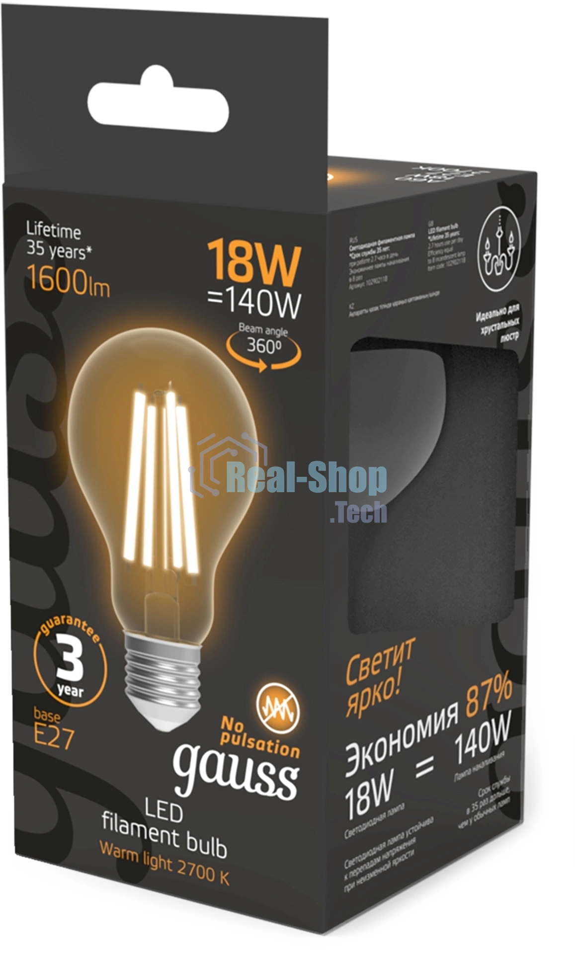 Лампа светодиодная филаментная Gauss Filament 18Вт цок.:E27 груша св.свеч.бел.теп. (упак.:10шт)