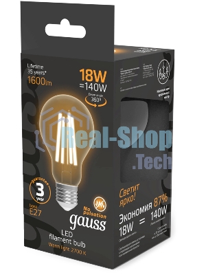 Лампа светодиодная филаментная Gauss Filament 18Вт цок.:E27 груша св.свеч.бел.теп. (упак.:10шт)