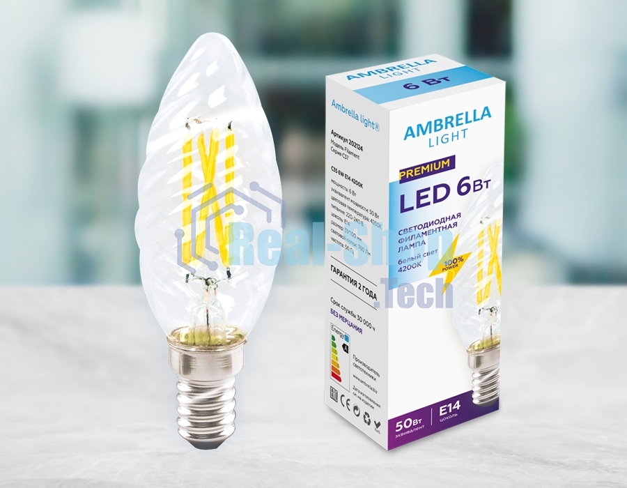 Светодиодная лампа Ambrella light 202124 Filament LED C35 6W E14 4200K (50W) 220-240V