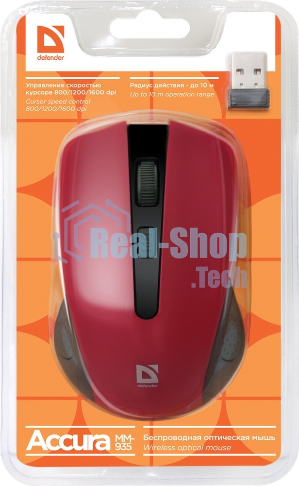 Мышь беспроводная Defender Accura MM-935 красный, 1600 dpi, радиоканал, USB, кнопки - 4