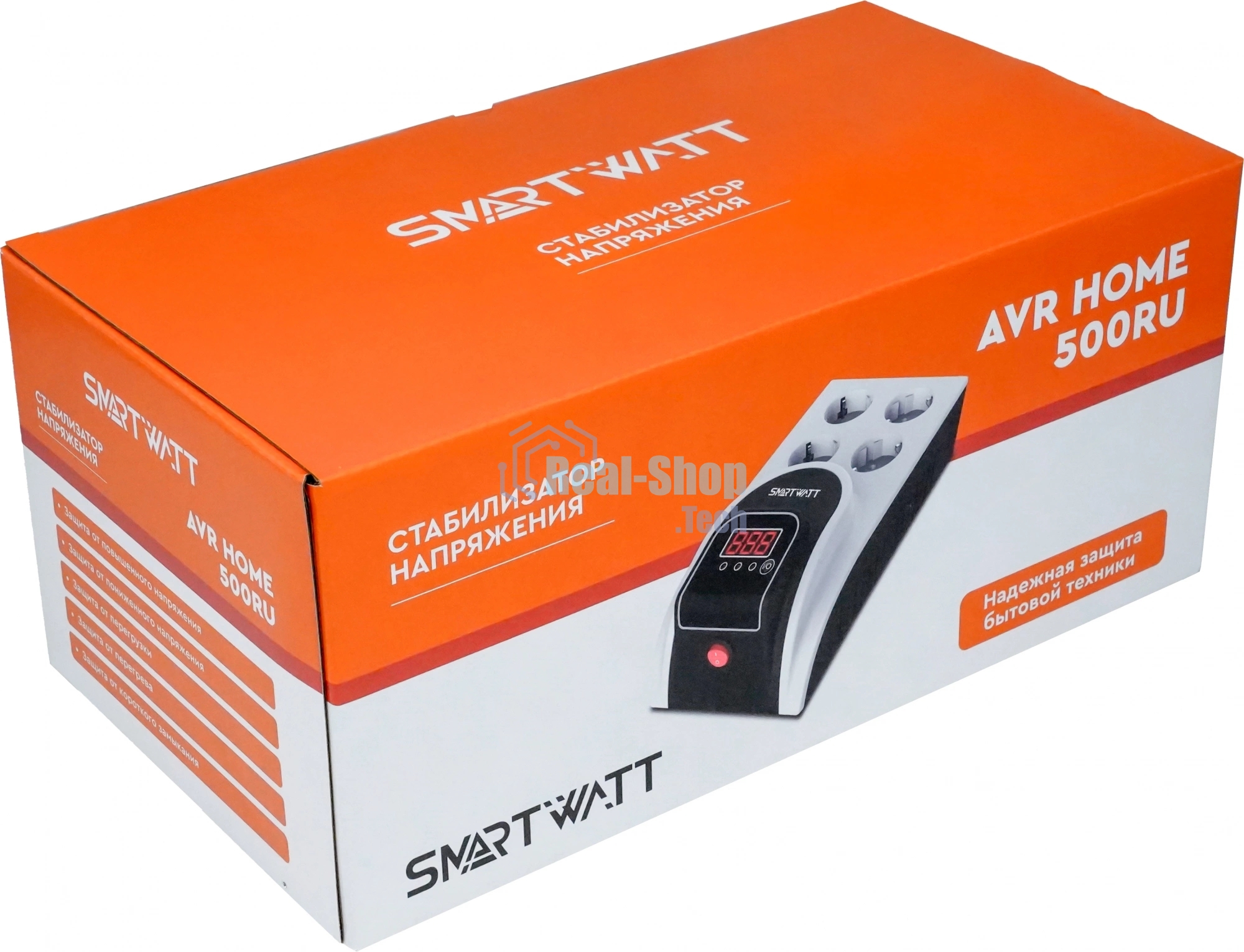 Бытовой стабилизатор напряжения SMARTWATT AVR HOME 500RU (150W - 275W, 500VA, 0.5 кВт, 50 Гц, розеток — 4, LED-дисплей,