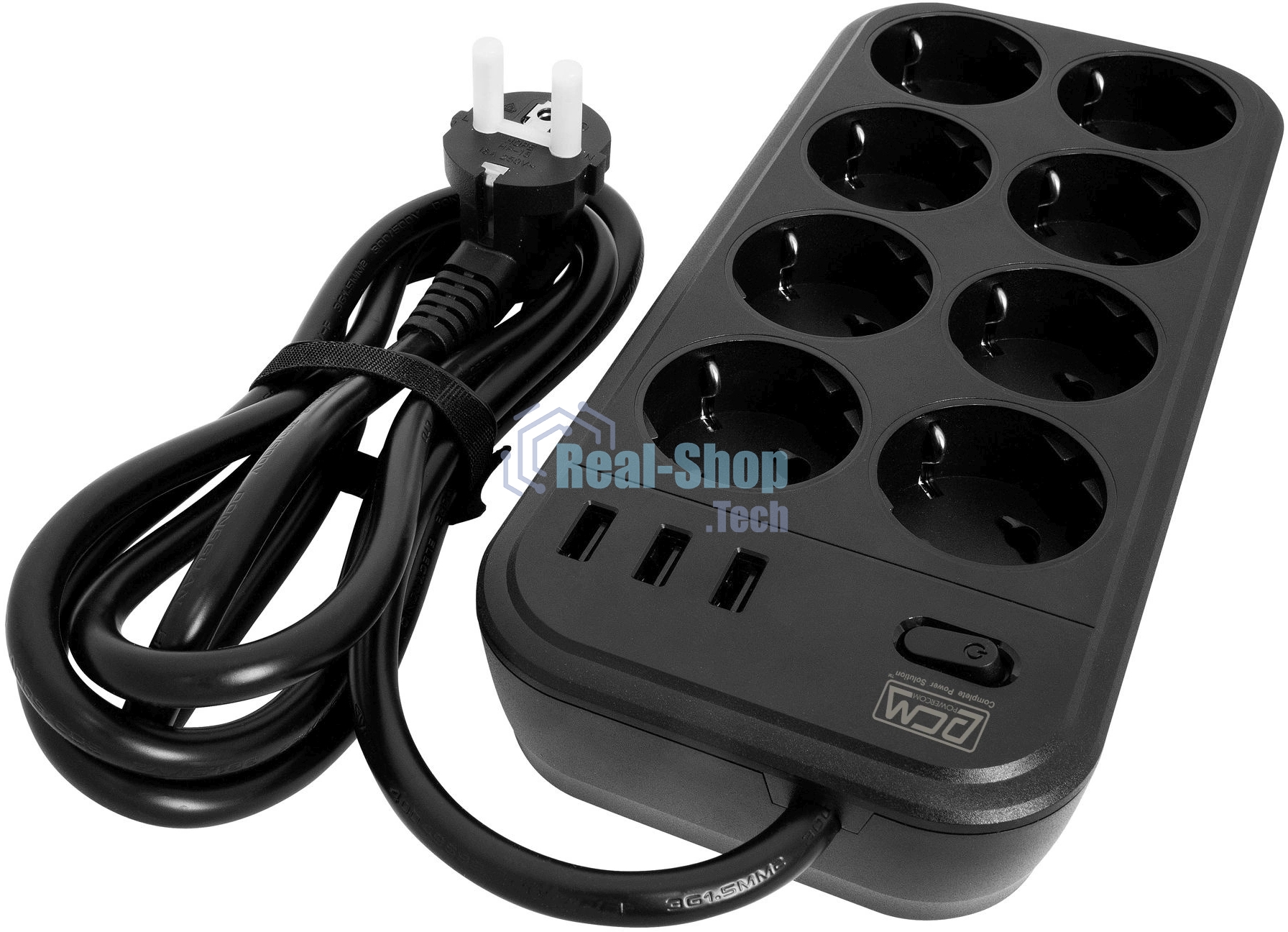 Сетевой фильтр Powercom SP-08 USB03AB 1,8 m 1.8м (8 розеток) черный (коробка)