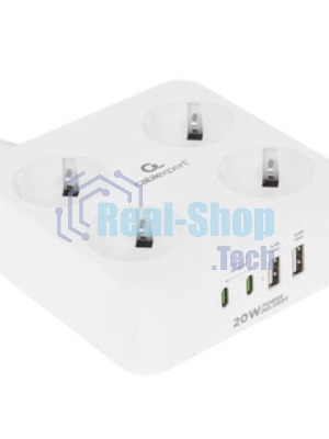 Сетевой фильтр Cablexpert Plate, PLT-4-C2U2-W-2, 4р, 10А, 2xType-C PD, 20Вт, 2xUSB, 2.4A, 2 м, ур. защиты 4+, белый, коробка