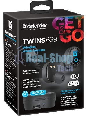 Наушники TWS Defender Twins 639 черный, внутриканальные, Bluetooth, до 4 ч