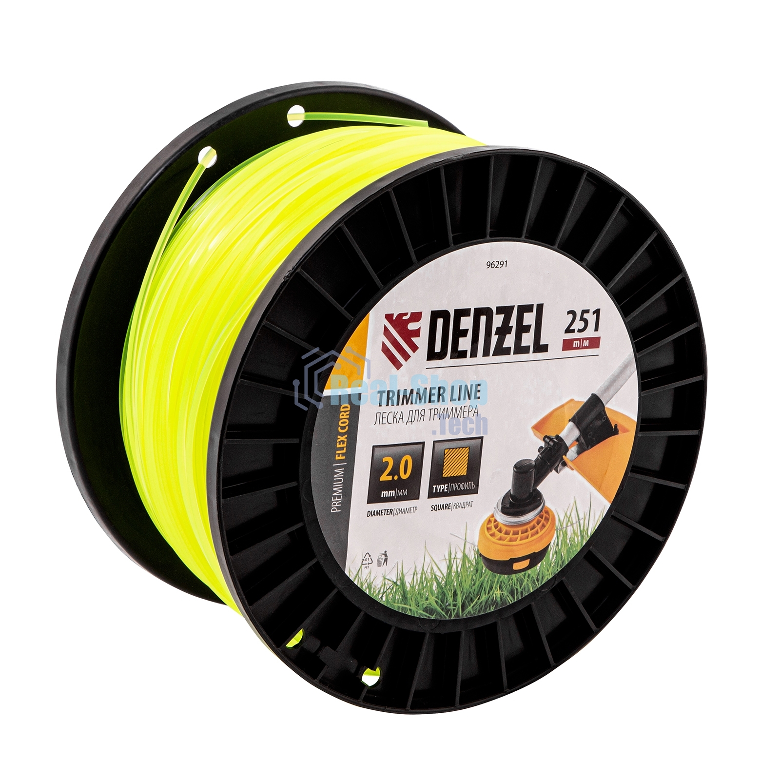 Леска для триммера Denzel квадрат, 2,0мм х 251м, на DIN катушке FLEX CORD