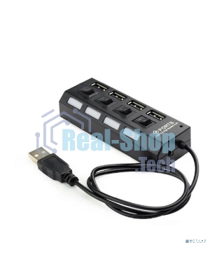 Разветвитель USB2.0 Gembird 4xUSB, блок питания 2А, подсветка и выкл, кабель USB 55 см, черный