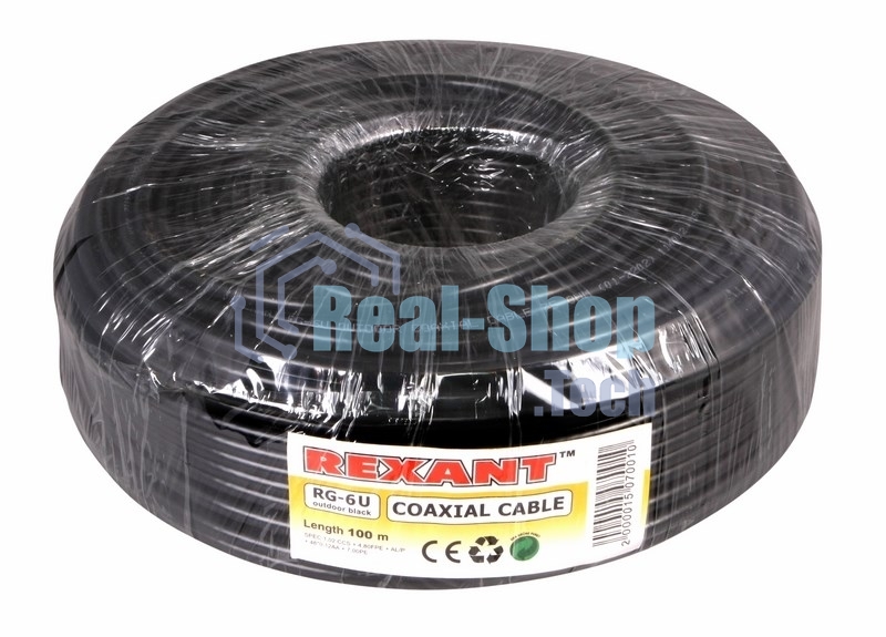Кабель коаксиальный Rexant RG-6U, 75 Ом, CCS/Al/Al, 64%, бухта 100 м, черный OUTDOOR