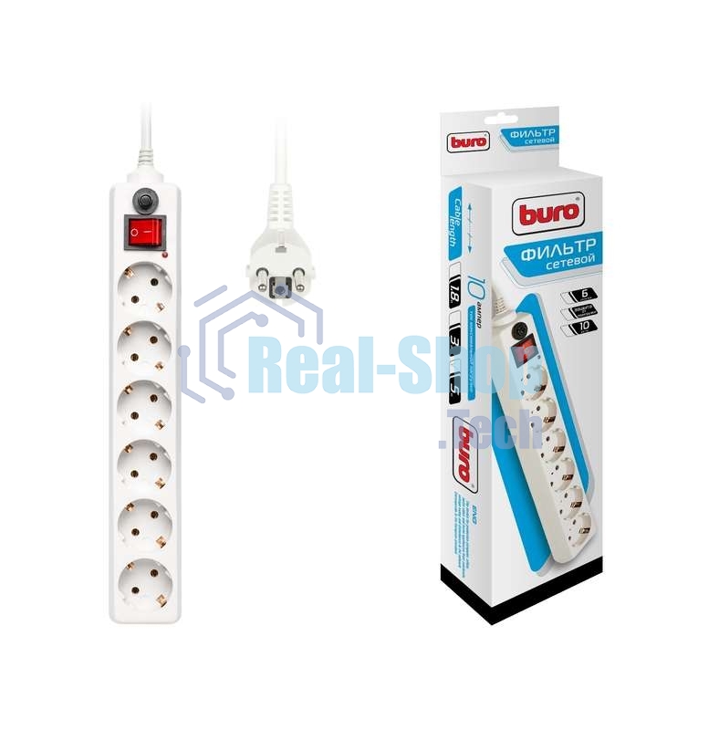 Удлинитель с сетевым фильтром 6х5 м с заземл. 10А IP20 600SH-5-W CCA 3х0.75 белый BURO 992275