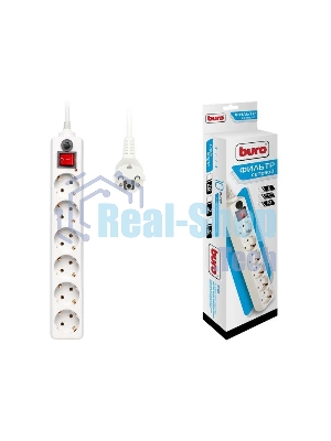 Удлинитель с сетевым фильтром 6х5 м с заземл. 10А IP20 600SH-5-W CCA 3х0.75 белый BURO 992275