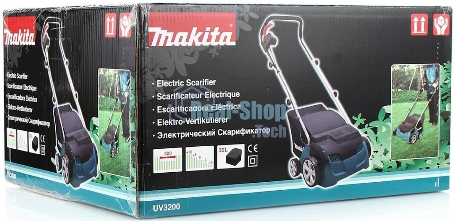 Газонокосилки Makita UV3200 Скарификатор, 1300Вт,32см,3500об\мин,5уров(-10+10мм),30л,нож-фреза,12кг,кор