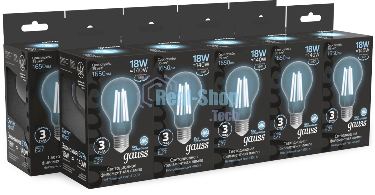 Лампа светодиодная филаментная Gauss Filament 18Вт цок.:E27 груша св.свеч.бел.нейт. (упак.:10шт)