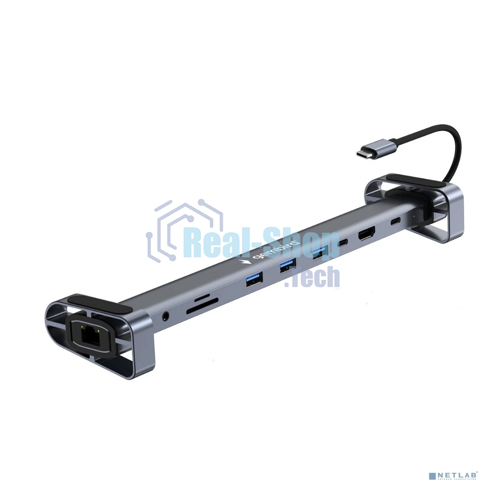 USB-концентратор Type-C Gembird UHB-D5, 10в1: 3xUSB3.1, Type-C PD87W, Jack 3.5, SD/TF, HDMI, RJ45, Type-C, кабель 14см, алюминий