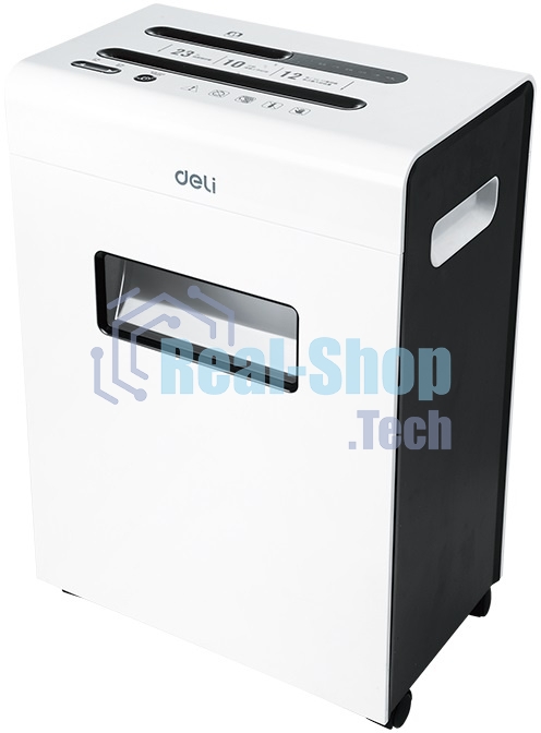 Шредер Deli E9903-EU белый/черный (секр.P-4)/фрагменты/12лист./23лтр./скрепки/скобы/пл.карты/CD