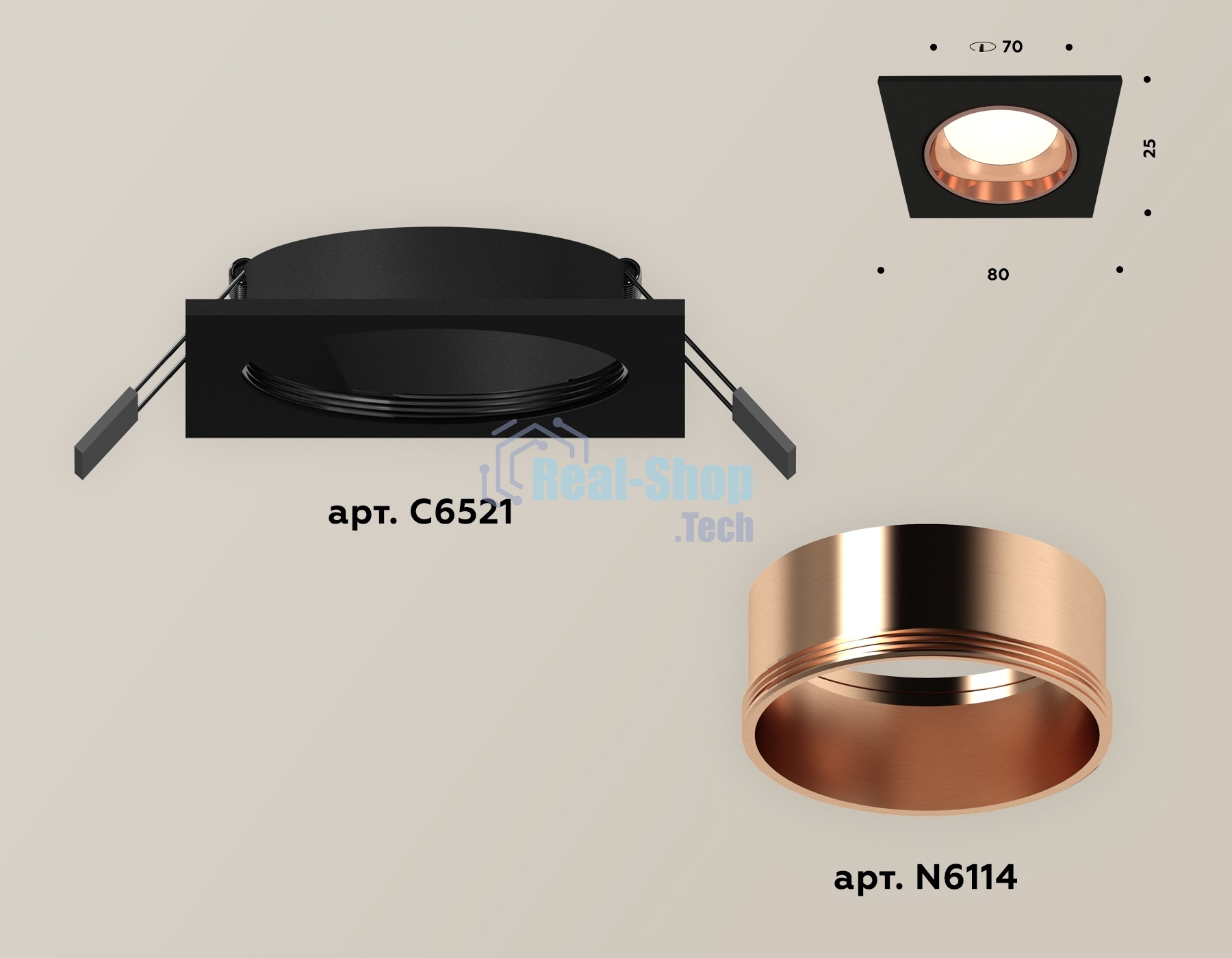 Комплект встраиваемого светильника Ambrella light XC6521005 SBK/PPG черный песок/золото розовое полированное MR16 GU5.3 (C6521, N6114)