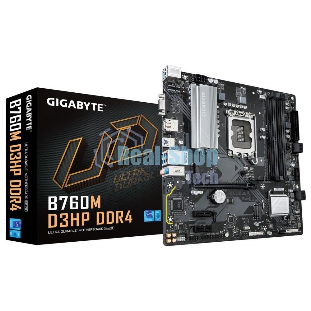 Материнская плата Gigabyte B760M D3HP DDR4, LGA 1700, Intel B760, 4xDDR4, 4xSATA, 2xM.2, 1xPCIe 4.0 x16, 2xPCIe x1, 1xHDMI, 1xVGA, 1xDP, 1x 1Gb LAN, 3xUSB-A 3.2 Gen 1, 2xUSB-A 2.0, 3x3.5 мм, 7.1, mATX