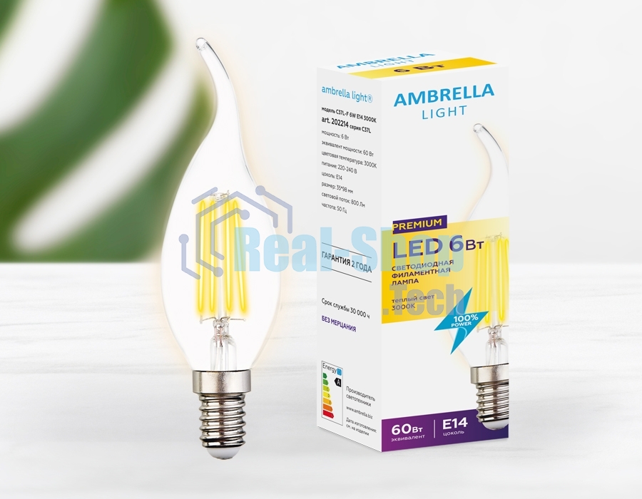 Светодиодная лампа Ambrella light 202214 Filament LED C37L-F 6W E14 3000K (60W)