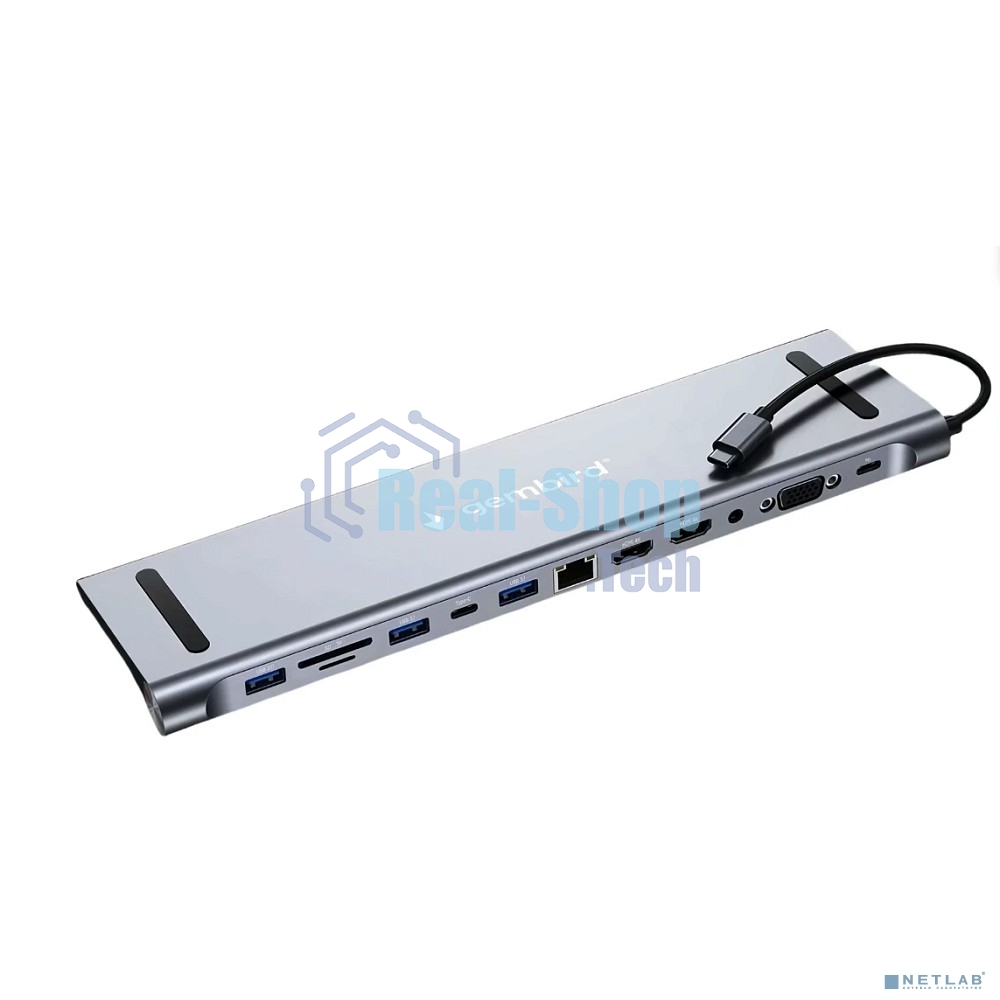 USB-концентратор Type-C Gembird UHB-D6, 12в1: 2xUSB3.1, USB2.0, RJ45, Type-C PD87W, Jack 3.5, SD/TF, 2xHDMI, VGA, Type-C, кабель 23см, алюминий