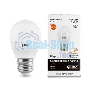 Лампа светодиодная LED Gauss Elementary Шар 8W E27 520lm 3000K 1/10/100 0