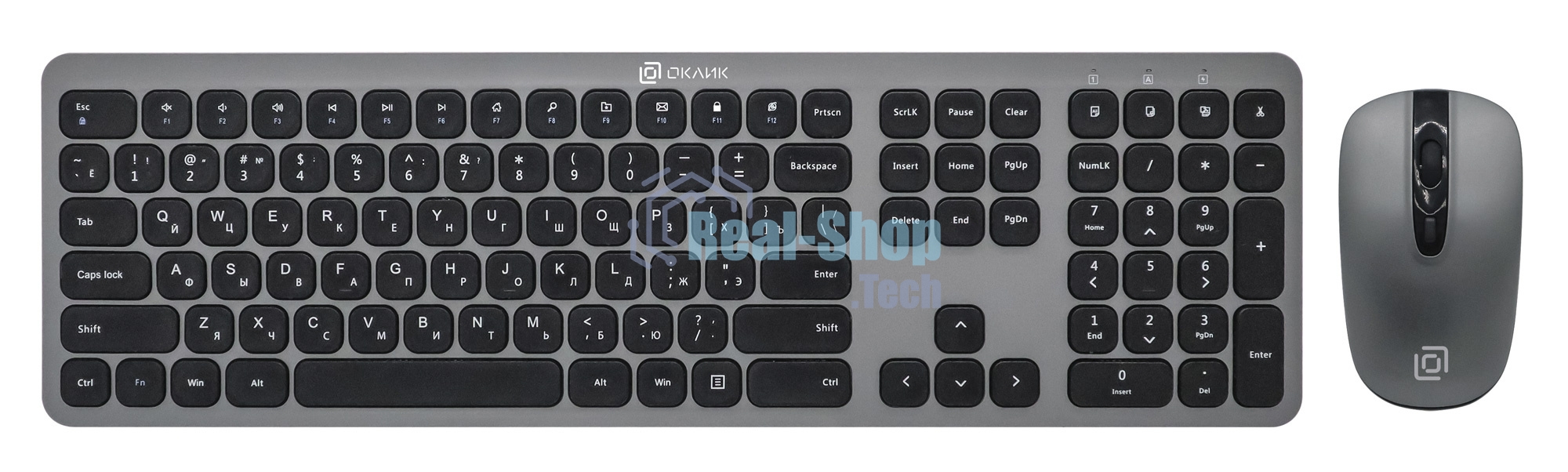 Комплект клавиатура + мышь Оклик 300M клав:серый мышь:серый/черный USB беспроводная slim