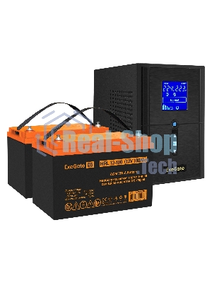 Комплект Источник бесперебойного питания EX295987RUS + батарея 100Aч EX285656RUS 2шт (инвертор, синус, для котла) ExeGate SineTower SZ-1000.LCD.AVR.2SH.1C13.USB 1000VA/800W, чистый синусоида, LCD дисплей, AVR, 2*Schuko+1*C13, USB, линейно-интерактивный, Black + батарея ExeGate HRL 12-100 (12В, 100А·ч) 2шт