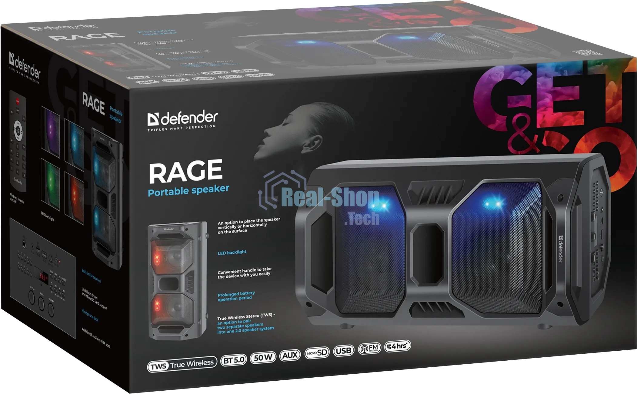 Портативная акустика Defender Rage 50 Вт Light/BT/FM/USB/LED/TWS черный