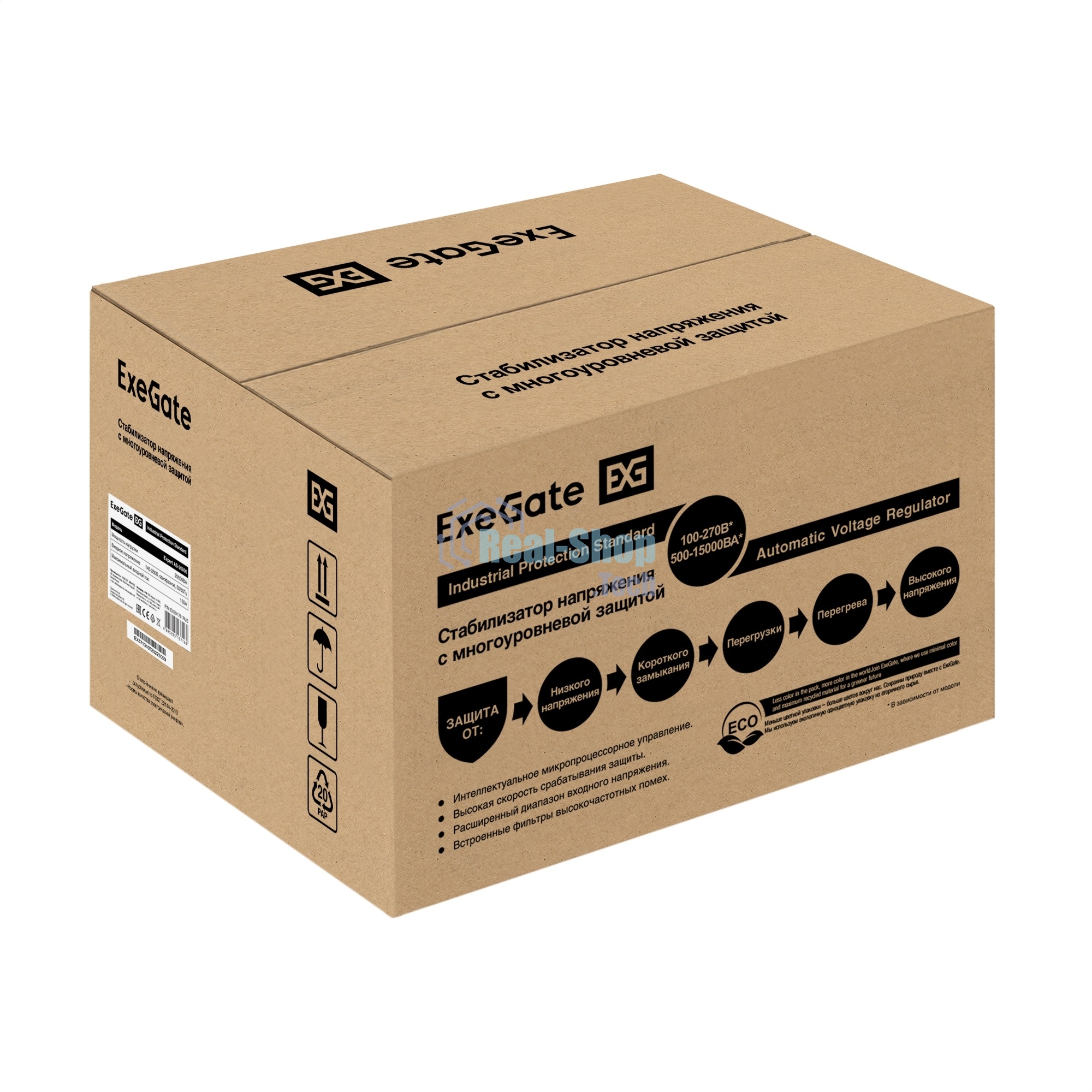 Стабилизатор напряжения ExeGate Expert AS-20000 (20000ВА, вход 140-260В, цветной дисплей, выход 220В±8%, КПД 98%, 5 уровней защиты, задержка, усиленный метал. корпус, клем.колодка, RTL)