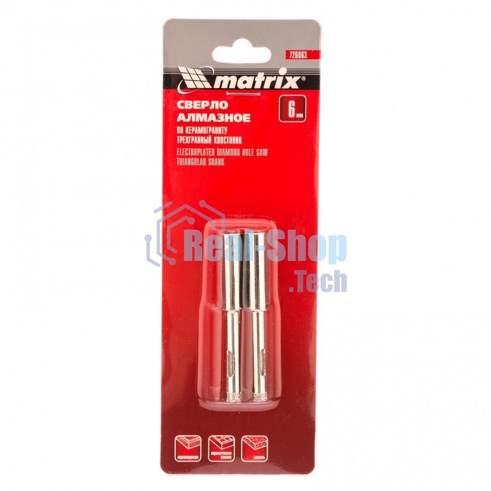 Сверло алмазное Matrix по керамограниту, 6x67 мм, 3-гранный хвостовик 2 шт.