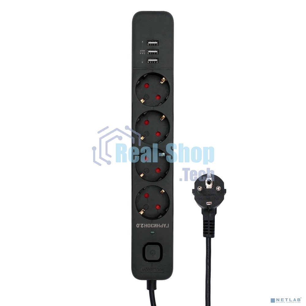 Сетевой фильтр Гарнизон 2.0 Мультипорт EPS-4-U3-B-2, 4 р, 10А, 3xUSB, 2 м, ур.защиты 2+, черный, пакет