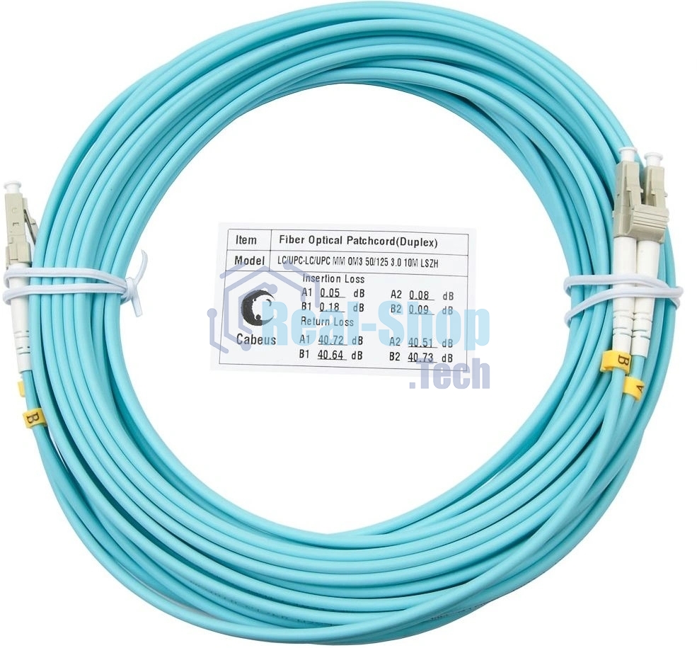 Патч-корд оптический Cabeus Tight Buffer FOP-50-LC-LC-20m Duplex LC/LC, OM3 50/125, LSZH, 20м, Ø 3мм, серый хвостовик, цвет: аква