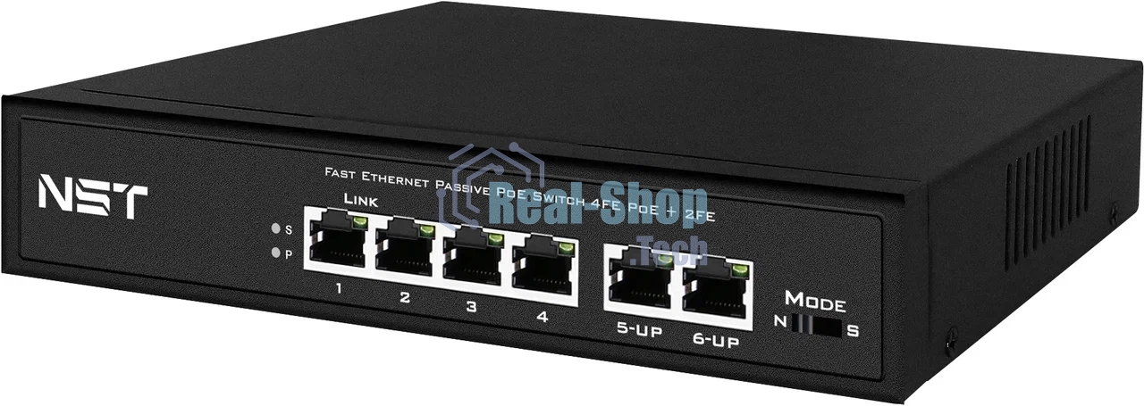 Passive PoE коммутатор Fast Ethernet на 6 портов. Порты: 4 х FE (10/100 Base-T, 52V 4,5(+) 7,8(–)) совместимы с PoE (IEEE 802.3af/at), 2 x FE (10/100 Base-T) Uplink. Совместим со стандартами PoE IEEE 802.3af/at. Мощность PoE на порт - до 30W. Поддержка режима CCTV: Увеличение расстояния передачи данных и питания до 250м. Встроенная грозозащита 3кВ. Питание: AC100-240V (80W) Встроенный БП. Размеры (ШхВхГ): 168x32x93мм. Рабочая температура: 0...+50 гр. С