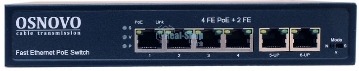 Коммутатор Osnovo SW-20600(80W) PoE коммутатор 6 портов, 4 PoE порта 10/100 Base-T, 2*10/100 Base-T Uplink, до 30W на порт, суммарно до 80W