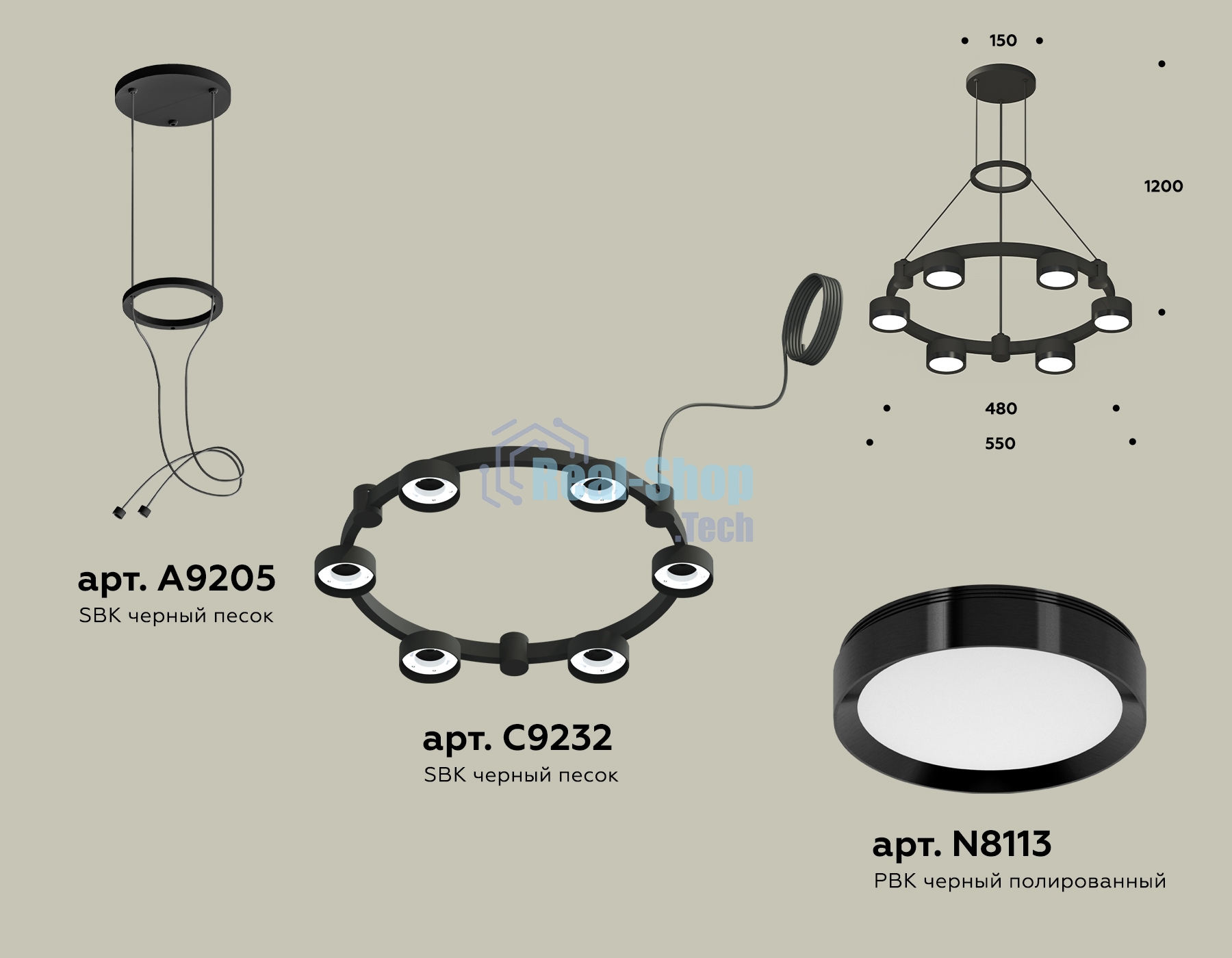 Светильник Ambrella light XR92051100/6 SBK/PBK черный песок/черный полированный GX53 (A9205,C9232,N8113)