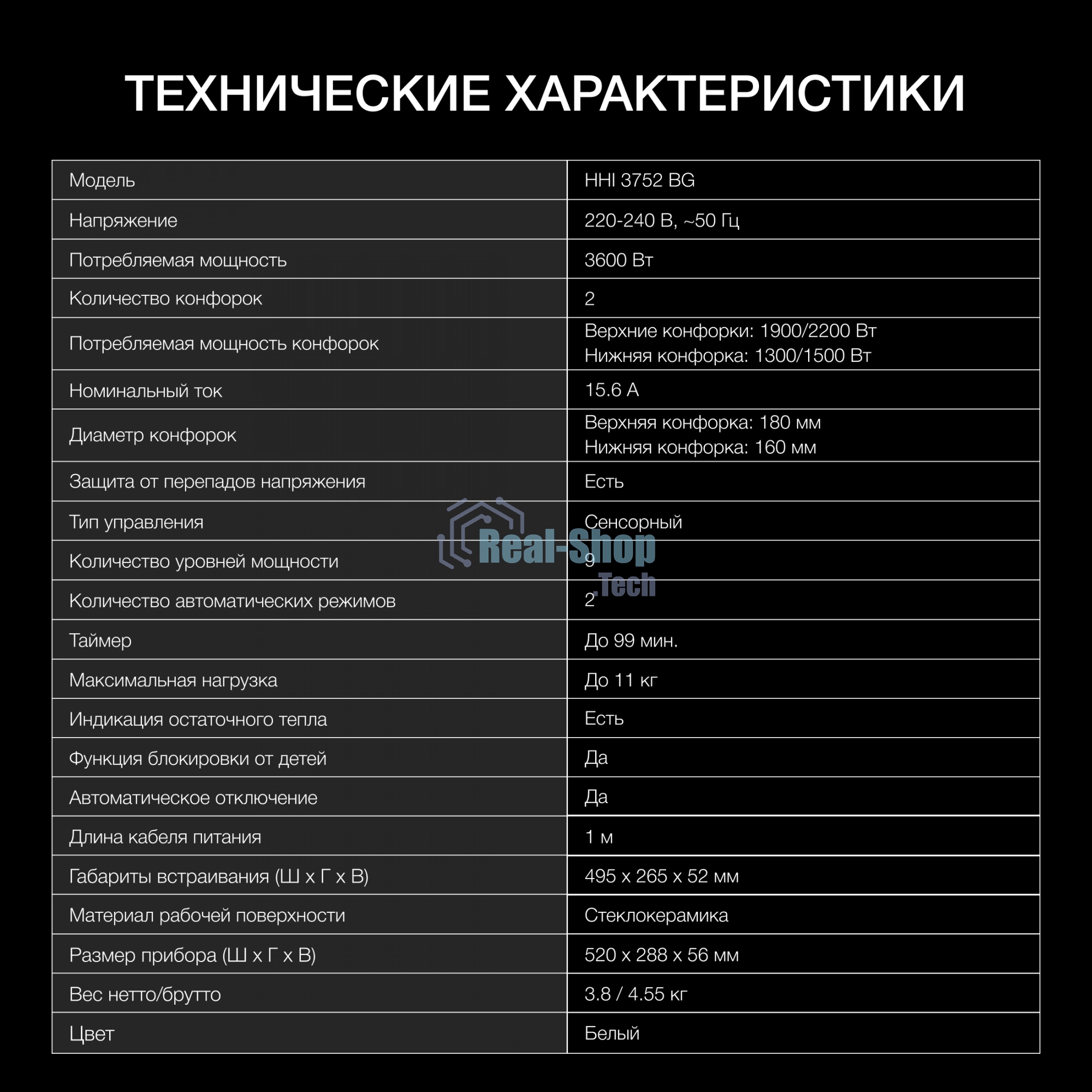 Индукционная варочная поверхность Hyundai HHI 3752 WG, 2 конфорки, стеклокерамика, 3600 Вт