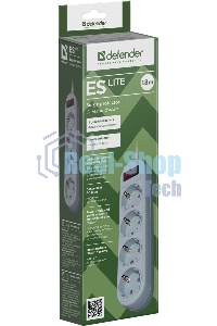 Сетевой фильтр Defender ES Lite, 1.8 м, 4 розетки, серый