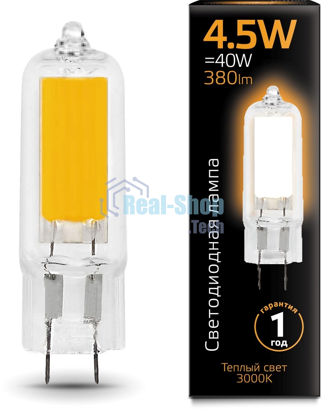 Лампа cветодиодная Gauss LED G4 AC220-240V 4.5W 3000K Glass 1/10/200