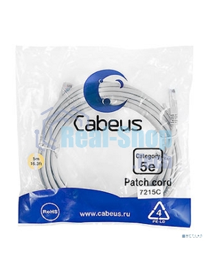 Патч-корд Cabeus PC-UTP-RJ45-Cat.5e-5m U/UTP, cat.5е, 2xRJ45/8p8c, неэкранированный, серый, PVC, 5м