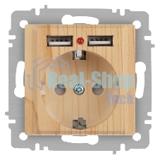 Розетка Intro Accent 6-410-11 , P+E Schuko со шторками, 16А-250В + 2хUSB, IP20, СУ, сосна | Б0063720 | Intro