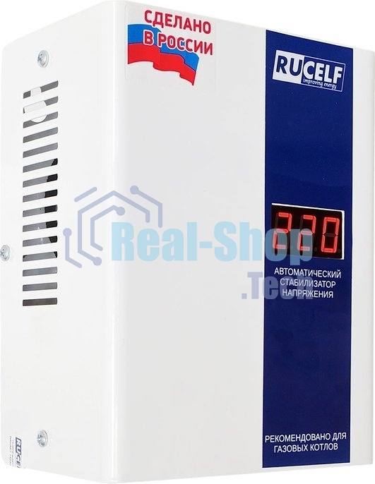Стабилизатор RUCELFКОТЕЛ-1200 релейный настенный, Активная мощность 1.20 кВт, Тип входного напряжения однофазное 130-265 В, Точность стабилизации 8%, Количество ступеней стабилизации 4, Выходное напряжение 202-238 В, частота 50 Гц, Форма выходного сигнала