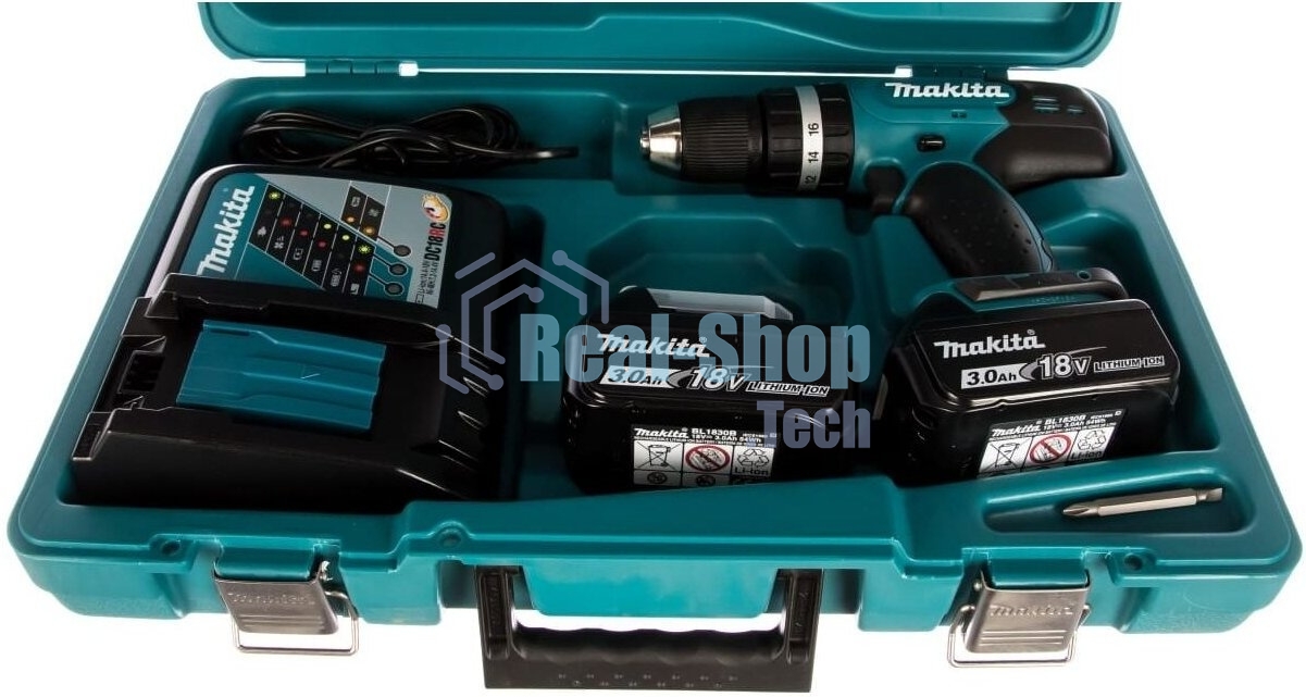 Дрель-шуруповерт Makita DHP453RFE, 18 В, 3 Ач, 42 Нм, щеточный