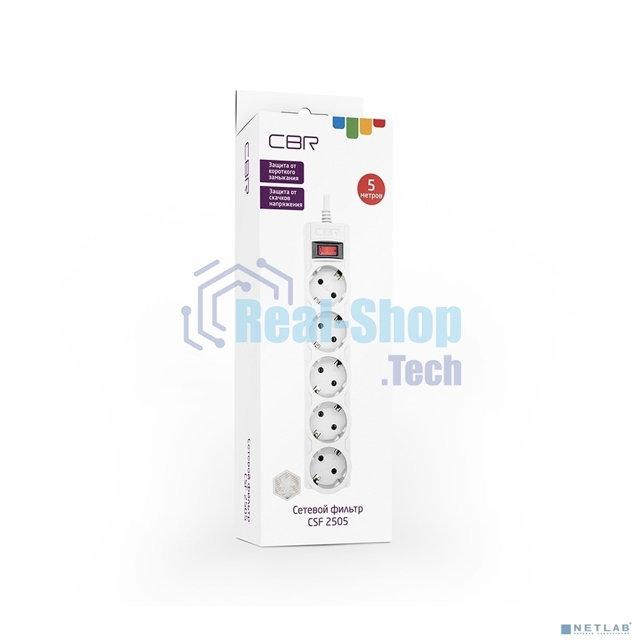Сетевой фильтр CBR CSF 2505-5.0 White CB, 5 евророзеток, длина кабеля 5 метров, цвет белый (коробка)