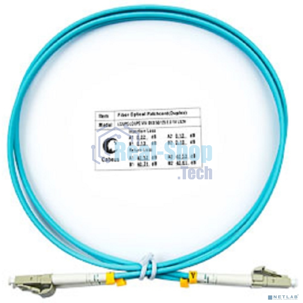 Коммутационный шнур оптический Cabeus Tight Buffer, Duplex LC/LC, OM3 50/125, LSZH, 1м, d= 3мм, серый хвостовик, аква