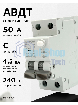 Автоматический выключатель дифференциального тока Гарнизон RCBO-50-2-50-4.5- C-100-S, АД-50 (селективный) 1P+N 50А/100мА, 4.5кА (C, тип АС)
