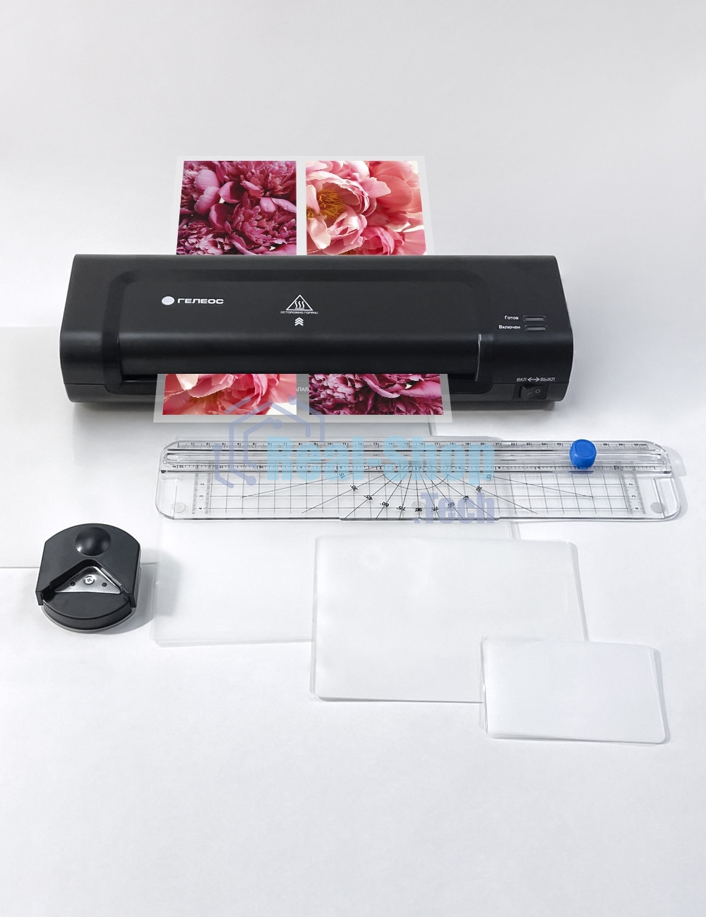 Ламинатор ГЕЛЕОС ЛМ A4 Комбо, А4, 2х150 (пленка 75-150мкм), 300 мм/мин, 2 вала, пласт. корпус, мах толщина 0,6мм, разжим валов, + резак, обрезчик углов и стартовый набор пленок