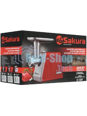 Мясорубка электрическая Sakura SA-6424R красный, 2000 Вт, 3.5 кг/мин, реверс, защита от перегрузки, металлический лоток, насадки - 4