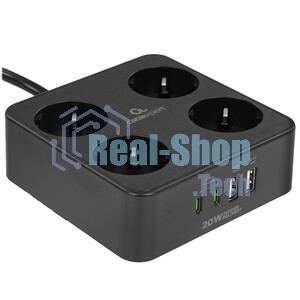 Сетевой фильтр Cablexpert Plate, PLT-4-C2U2-B-3, 4р, 10А, 2xType-C PD, 20Вт, 2xUSB, 2.4A, 3 м, ур. защиты 4+, черный, коробка